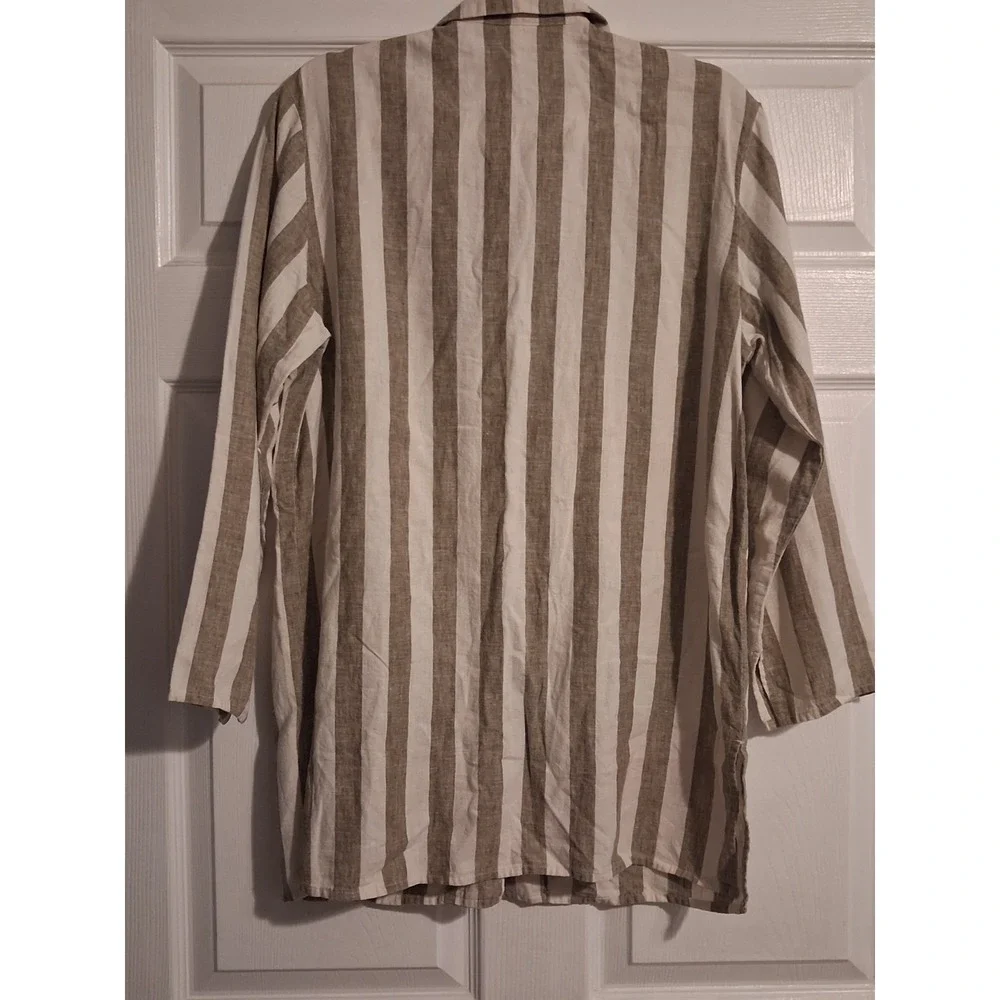 Vntg 90s Linen Blend Striped Button Shirt Tunic Granola Coastal Minimalist
